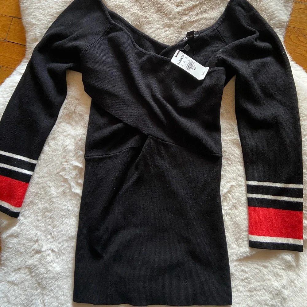 Express Black Off-the-Shoulder Sweater with Red Stripe Cuffs
